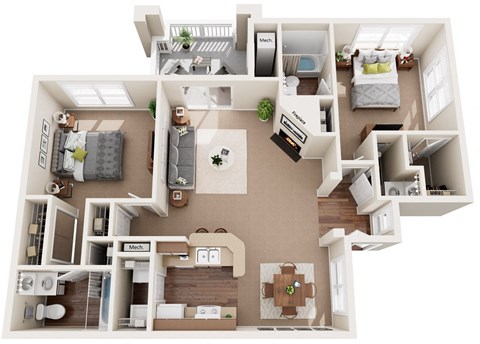 3D floor plan of a two bedroom two bathroom apartment at Cambridge Apartments in Raleigh, NC